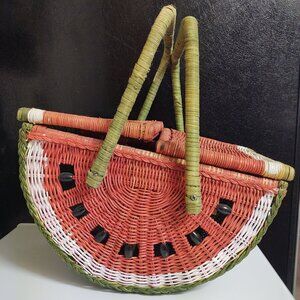 Wicker Watermelon Picnic Basket Black Bead Seeds Double Handles Metal Hinged